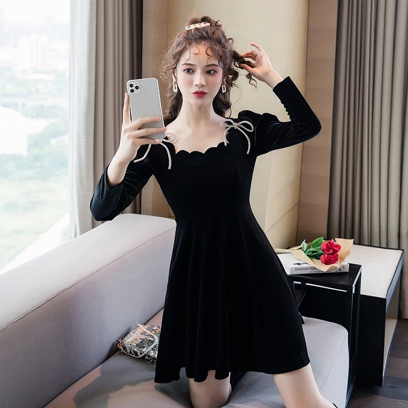 Французское Ретро бархатное платье в стиле Хепберн черное для женщин на осень и