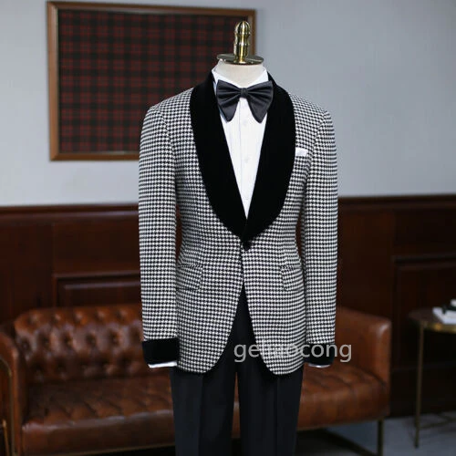 Latest Design Houndstooth Men Wedding Suits Fashion Check Suit 2 pieces Men Party Prom Formal Suits Groom Tuxedo (Blazer+Pants)