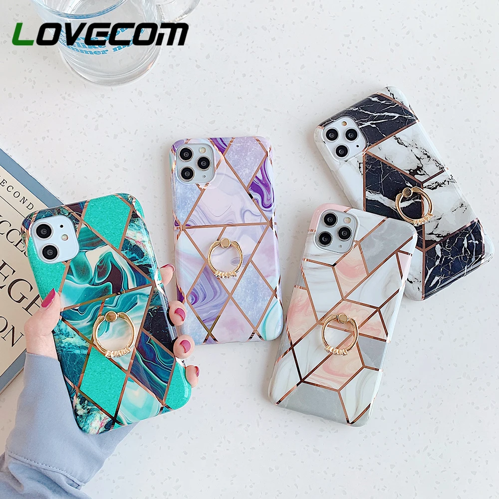 Geometric Splice Marble Finger Ring Phone Case For iPhone 11 Pro Max XR XS 7 8 6 Plus Soft IMD Plated Line Cover | Мобильные