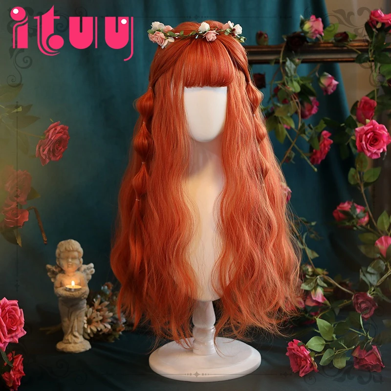 Lolita-Peluca de cabello sintético resistente al calor para mujer, cabellera larga rizado ondulado con flequillo, estilo Harajuku, para Cosplay de Halloween
