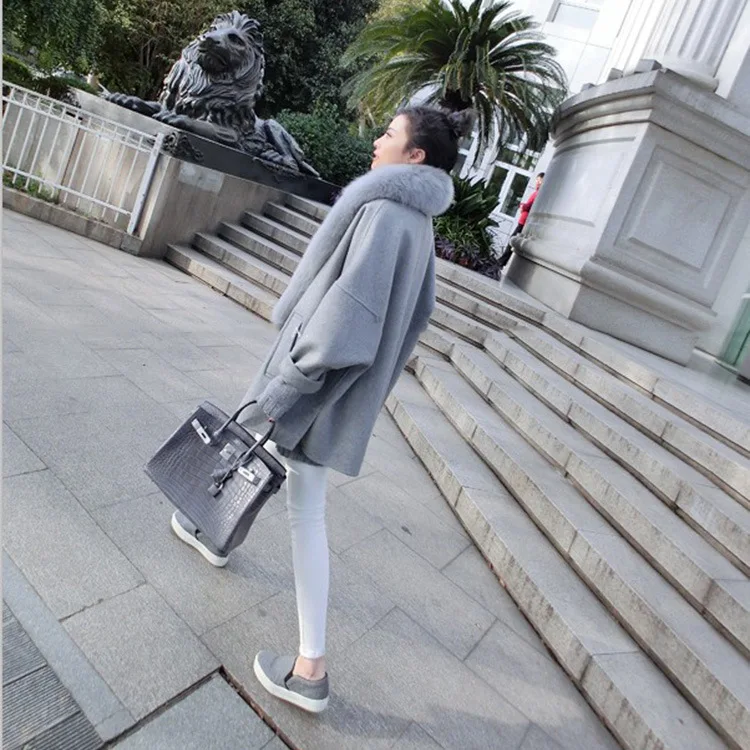 Женское шерстяное пальто Серый кардиган с большим меховым воротником элегантная