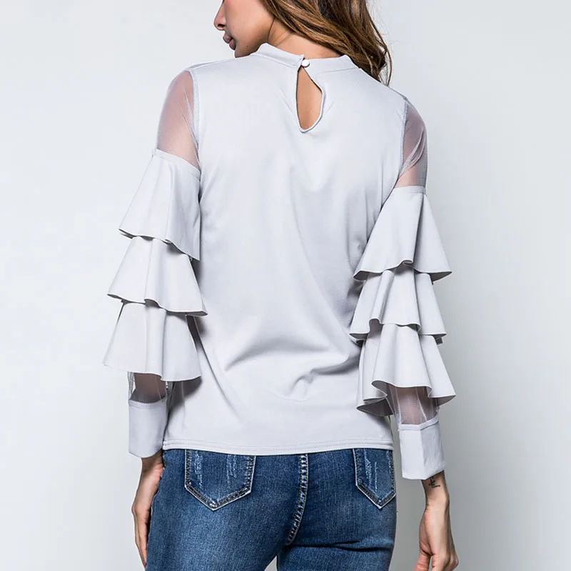Женская хлопковая блузка с длинным рукавом милая многослойная сетчатая круглым
