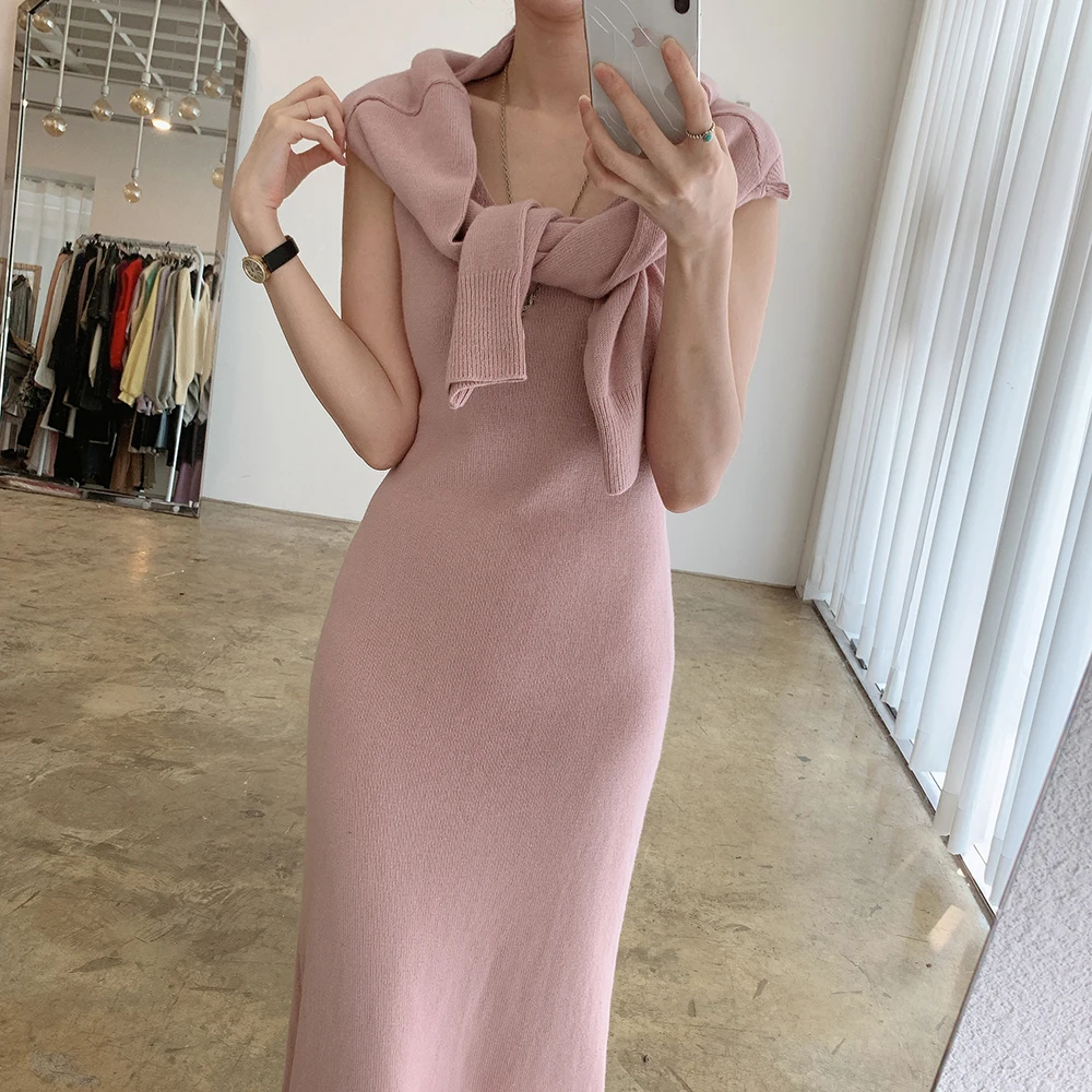 Женское трикотажное платье без рукавов с v-образным вырезом Осеннее однотонное