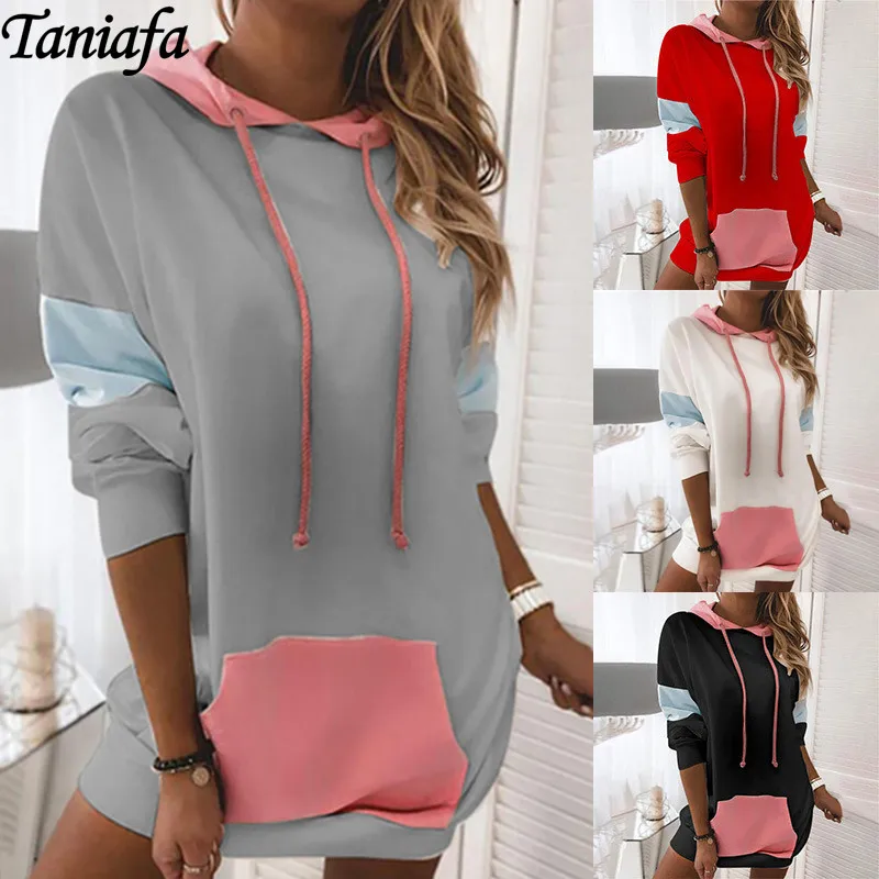 

Autumn Winter Women Casual Stitching Color Long Sleeve Hoooded Sweatshirt Pullover Fashion Long Style Pocket Hoodies
