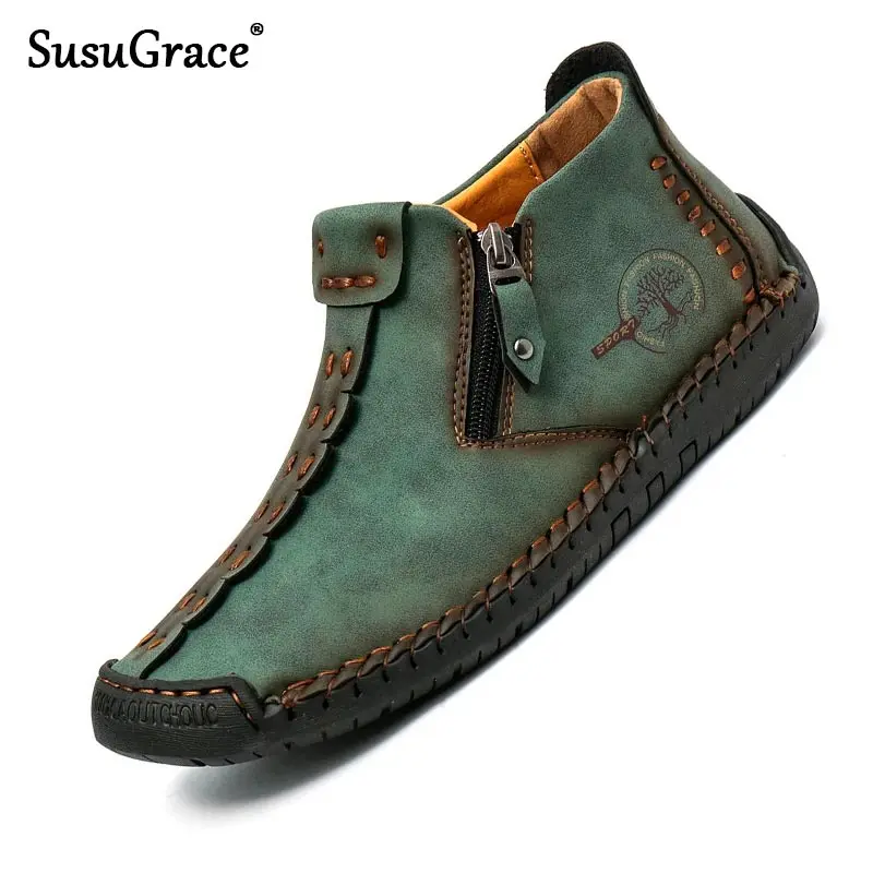

Сапоги SusuGrace мужские кожаные, высокие ботинки ручной работы, повседневные винтажные дышащие, модная уличная обувь