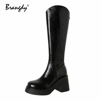 brangdy genuine leather women knee hight boots fashion square heels women shoes round toe zipper new women winter knight boots
