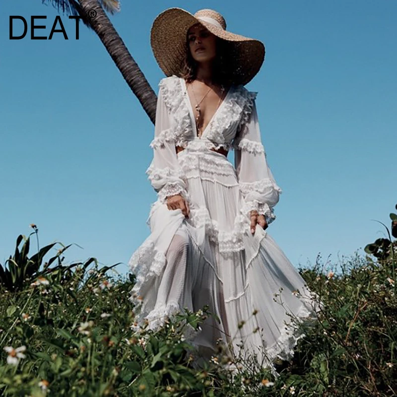 Женское платье с оборками DEAT летнее v образным вырезом и открытой спиной модель