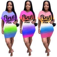 tie dye womens dress 2021 pink letter printing casual dress summer short sleeve round neck straight women outfits vestidos 2xl