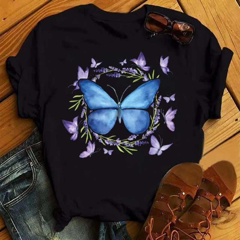 

T-shirts Women 90s Clothing Ladies Cute Butterfly Print Travel Fashion Tshirt Top Lady Casual Clothes Graphic Female Tee T-Shirt