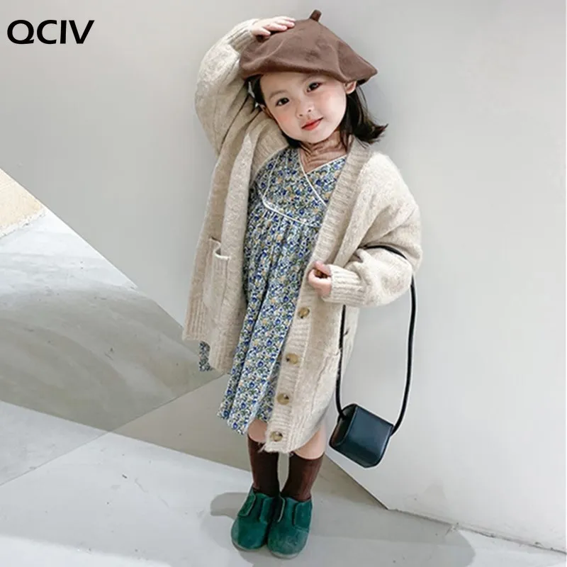 

Korean Baby Girls Mid-length Solid Sweaters Cardigan Girl Single-breasted Loose Children Fashion All-match Warm Knitted Coat