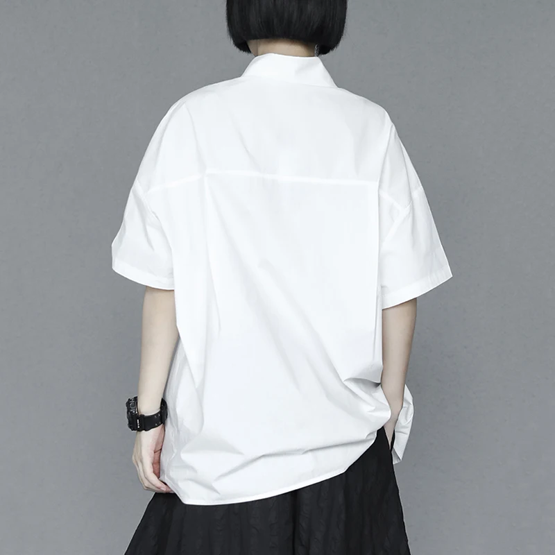 

[EAM] Women Black Patch Spliced Big Size Blouse New Lapel Short Sleeve Loose Fit Shirt Fashion Tide Spring Summer 2021 1DD9453