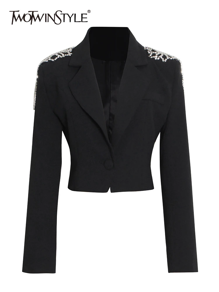 

TWOTWINSTYLE Patchwork Diamond Blazer Coats For Female Lapel Collar Long Sleeve High Waist Slimming Women's Casual Coat New