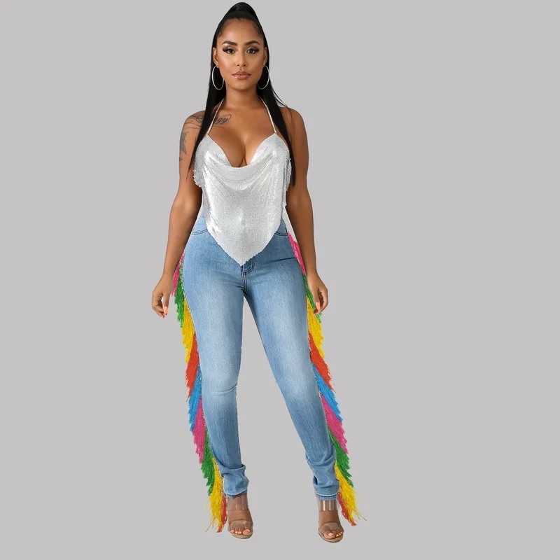 

Nice Pop high waist slim color fringed denim trousers high waist jeans women's jeans