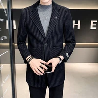 autumn winter blazers for mens mid length striped jacquard casual suit jackets business dress coat street social male clothing