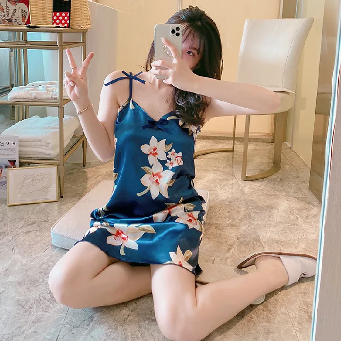 2021 Nightdress Women's Summer New Cute Cartoon Sling Silk Like Nightdress with Bra Skirt Home Clothes Sexy Sleepwear
