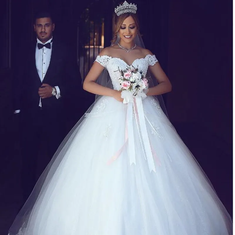 

Wedding Dress 2021 New Arabic Lace Off the Shoulder Wedding Dress One Word Shoulder V-neck Bridal Elegant Gown Dress A157