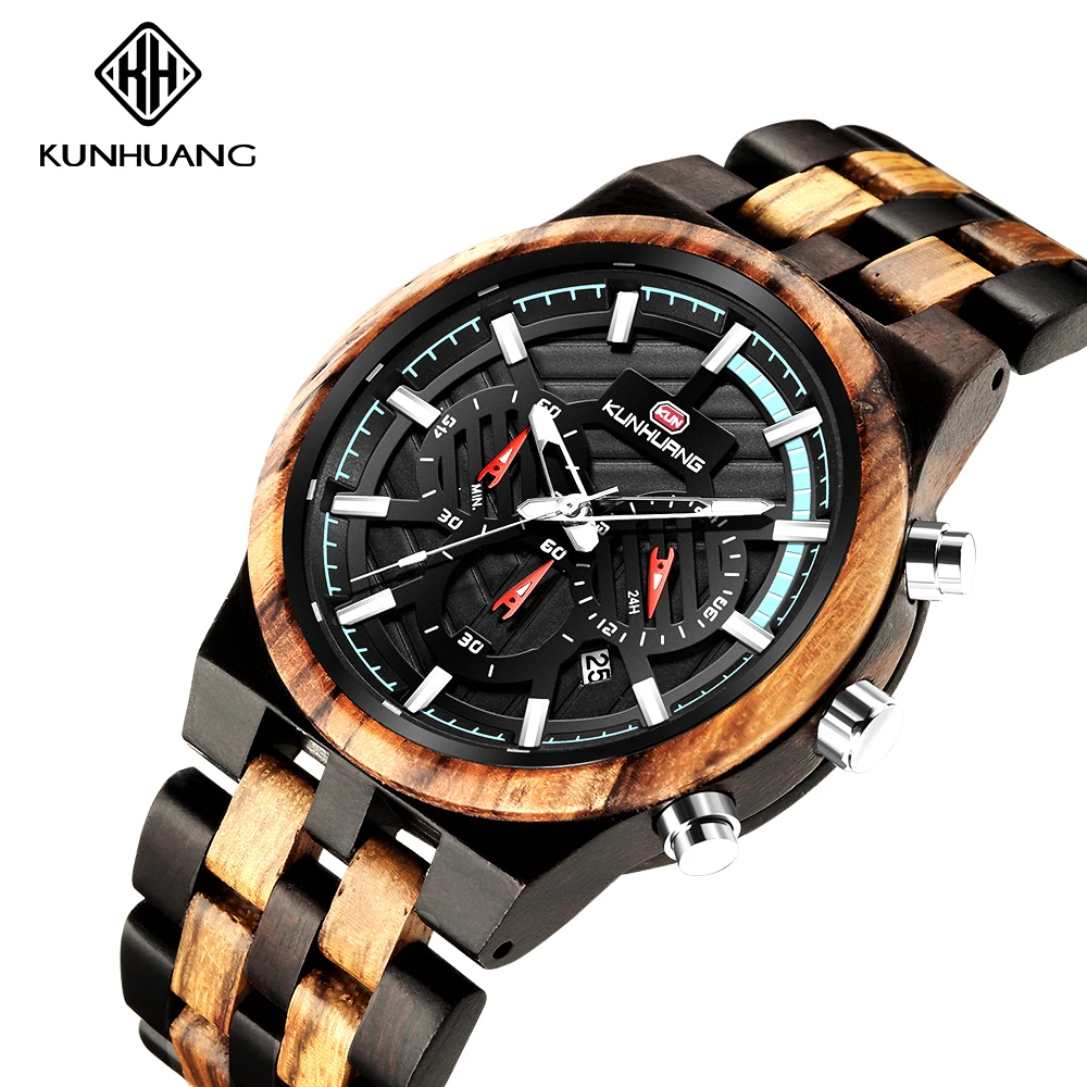 

Высококачественные мужские кварцевые наручные часы KUNHUANG, 2019, водонепроницаемые, с светящимся деревянным ремешком