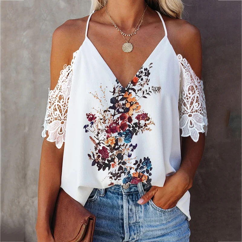 

Summer Elegant Plus Size Lace Sling T-shirt Fashion Loose Casual Floral Print Off Shoulder V-Neck Top Vacation Women's Clothing