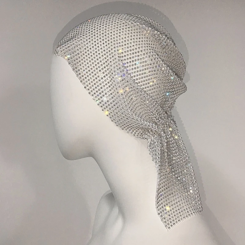 

U90E Rhinestone Mesh Head Scarf Glitter Turban Hat Crystal Headwraps Shiny Headwear Pre-tied Scarves Body Jewelry