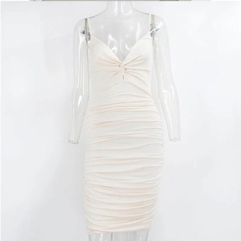 

Solid Skinny Sexy Dress Summer Women V Neck Club Party Spaghetti Strap Mini Dress 2021Ruched Hollow Out Women