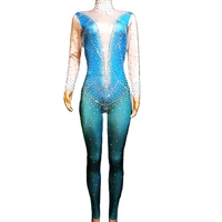 blue tight jumpsuit rhinestones turtleneck backless bodycon nightclub dance show wear stretch outfit performance suit women