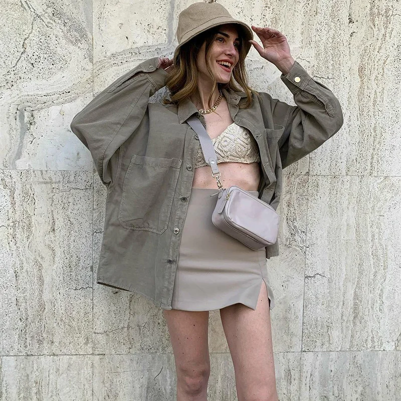

2021 новая весенняя женская рубашка с карманами и длинными рукавами, отложной воротник, рубашка оверсайз, модная женская повседневная одежда