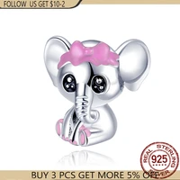 hot 925 silver color baby elephant with pink bow charms beads fit original 925 pandora wome braceletbangle making women jewelry