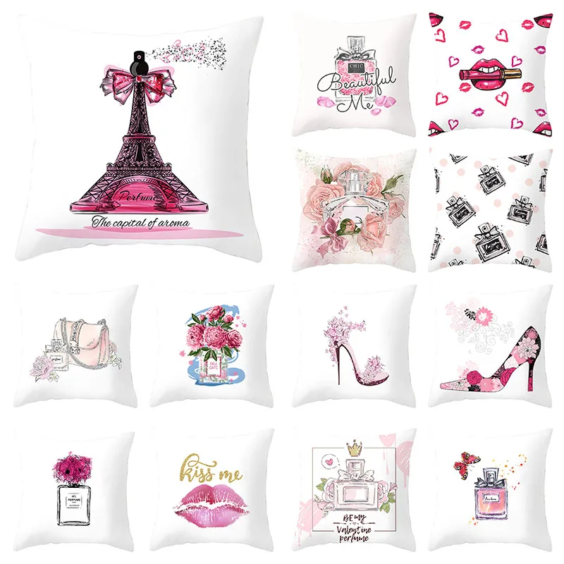 

Valentines Day Cushion Cover 45X45 Perfume Bottle Decoration Pillow Covers Sofa Cushions Pink Pillowcase Nordic Home Decor