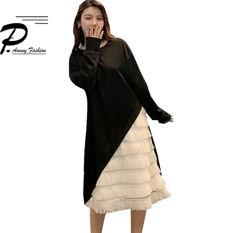 Плюс размер кружева сшивание средней длины Свитшот женщин осень зима Туника