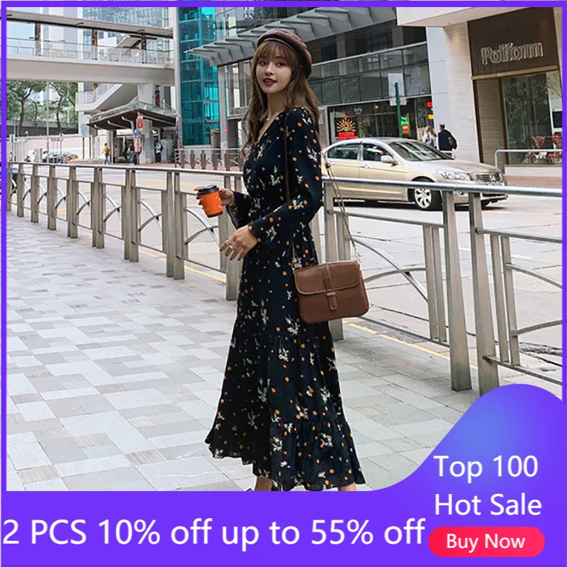 

Женское шифоновое платье с цветочным принтом, длинное пляжное платье во французском стиле с V-образным вырезом в Корейском стиле, весна-осен...