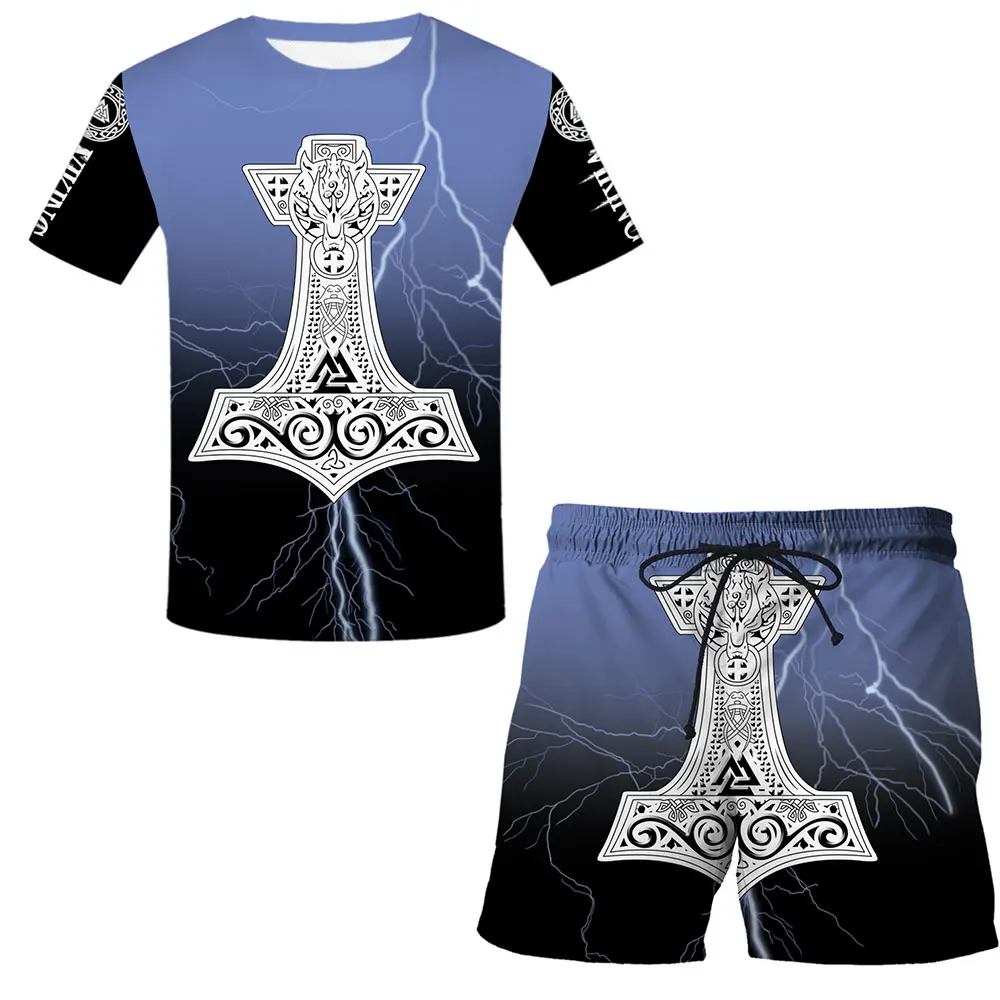 

Summer men's new 3D printing symbol - Tattoo casual suit sports Viking short sleeve + shorts daily home round neck sportswear