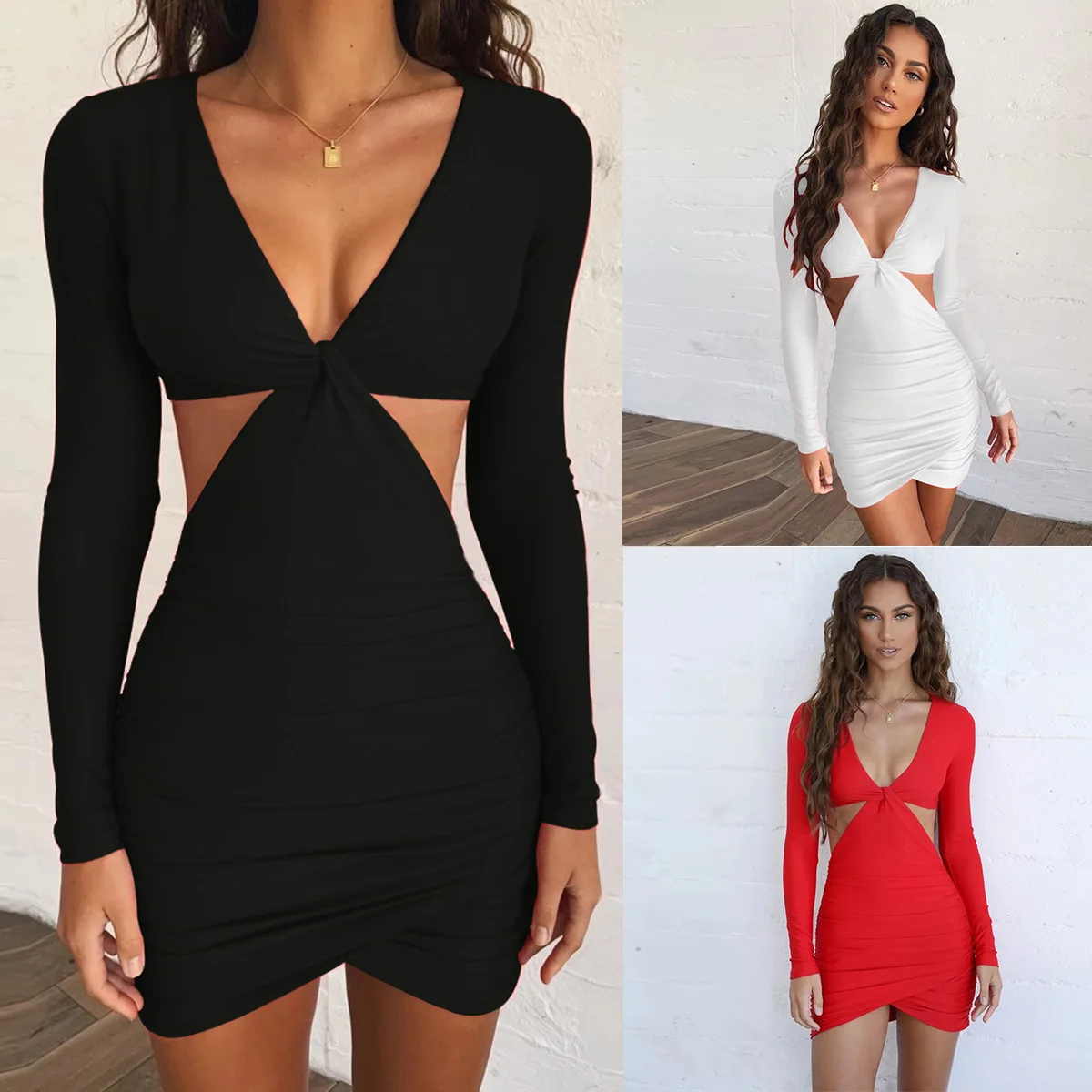

2021 European And American Sexy V-Neck Long-Sleeved Hollow Hip Dress