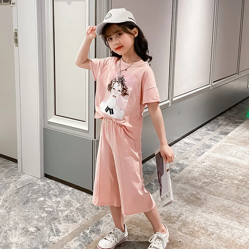 Тонкие летние костюмы для маленьких девочек 7 9 11 лет с круглым вырезом в стиле