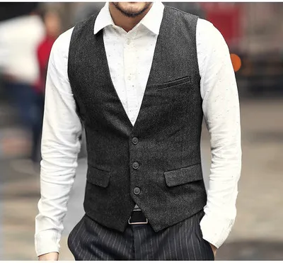 

Men's Suit Vest Black Wedding Wool Tweed Business Herringbone Waistcoat Casual Slim Fit Gilet Homme Vests For Groomsmen Man
