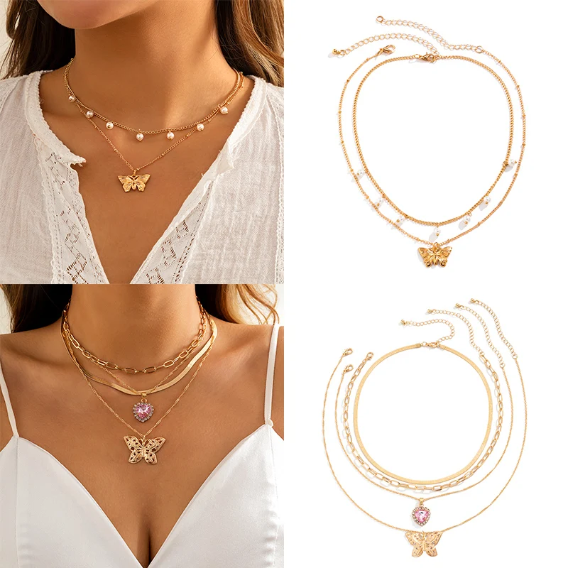 

Bohemia Multi Layer Flat Blade Snake Chain Choker Necklace For Women Cute Butterfly Rhinestone Heart Pendant Pearls Jewelry 2022