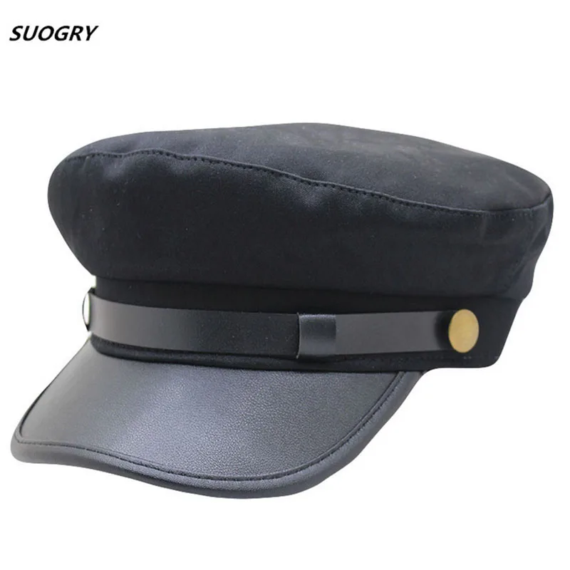 

Military Cap Hat Female Winter Hats For Women Men Ladies Army Militar Hat Pu Leather Visor Black Cap Sailor Hat Bone Male