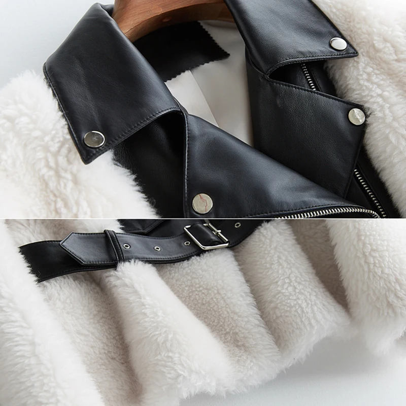 Новая стильная модная куртка из натуральной кожи Женская Шуба с кожаным ремнем