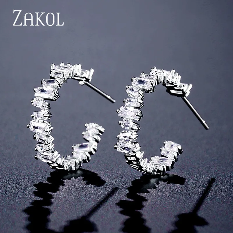 White Color Earrings Модные женские серьги-обруч с камнем из кубического циркония ZAKOL AAA, модные свадебные аксессуары FSEP2174 - Окраска металла: White Color Earrings