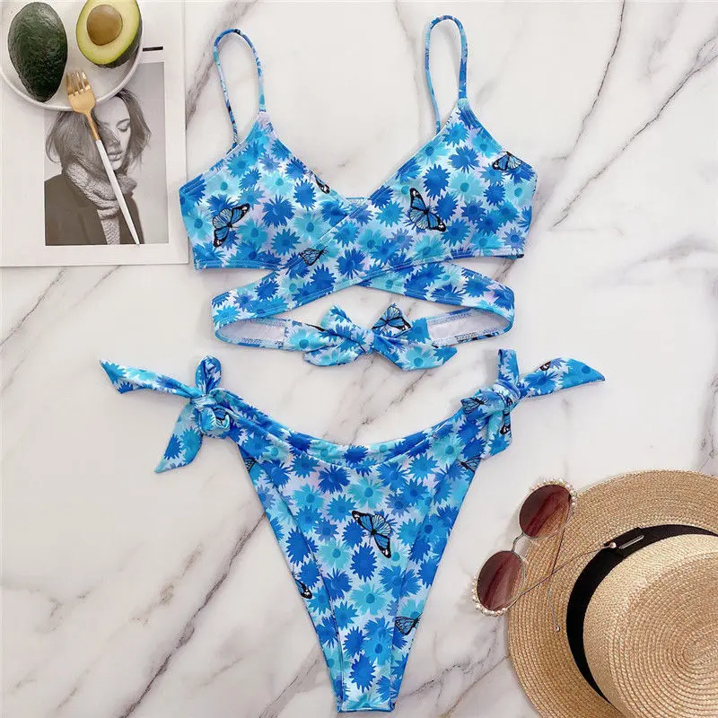 

2021 Summer New Sexy Two Piece Women Print Butterfly Bikini Swimsuit Swimwear Bra Beach Wear