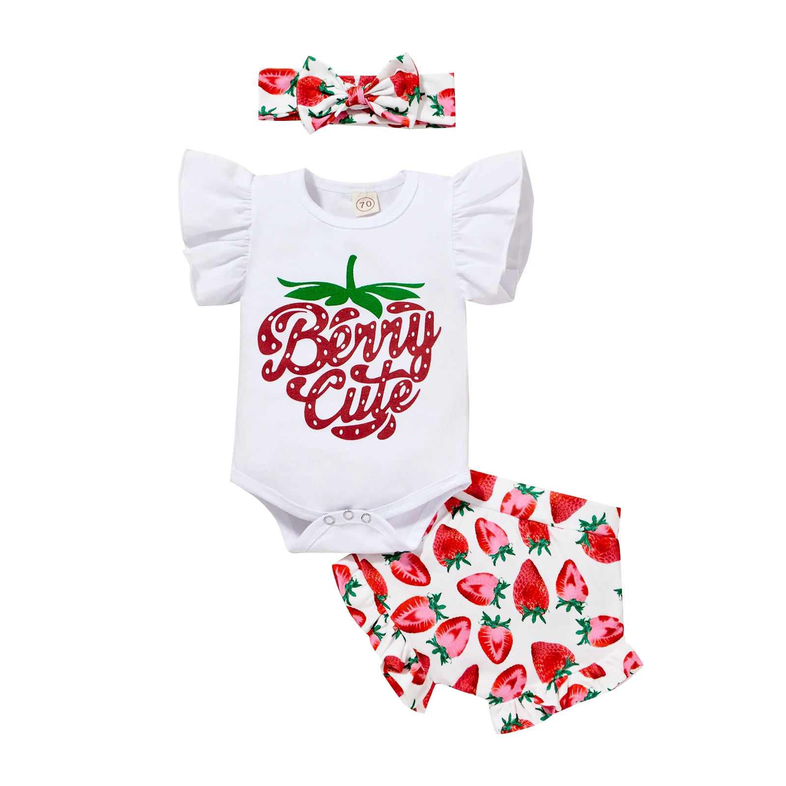 

OPPERIAYA Summer Baby Girls Clothes Casual Set Letter Print Flying Sleeve Bodysuit Strawberry Print Shorts Bow-knot Headband