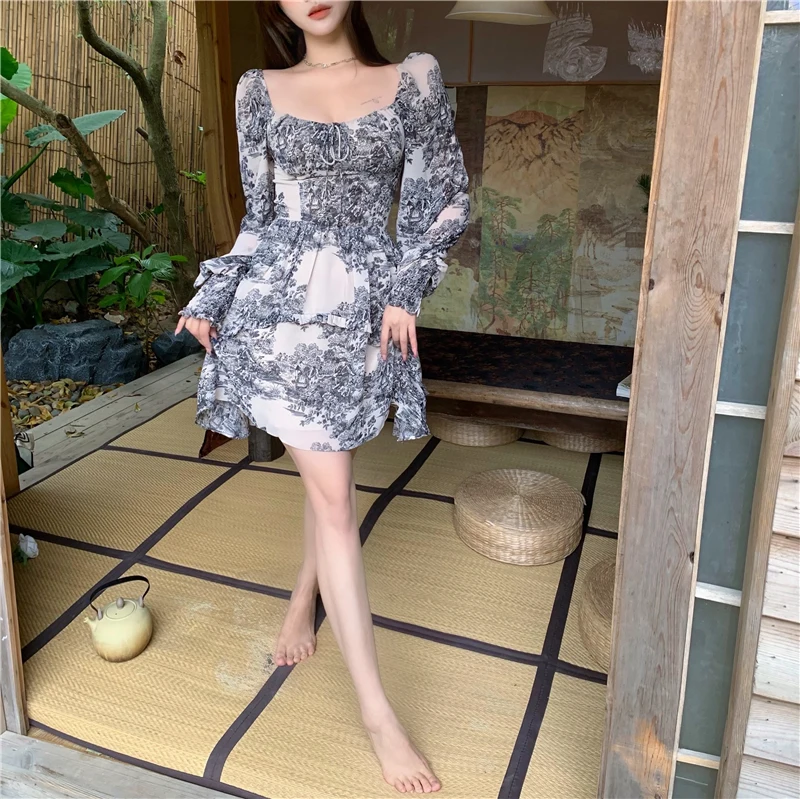 

COIGARSAM Women Beach Dress Spring 2021 French Style Floral Print Chiffon Ga Color Dresses Robe Traf