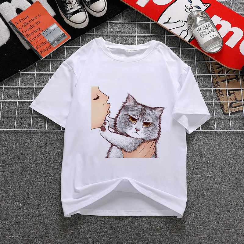 

Harajuku Kiss Cats T Shirt Women Aesthetic shirt Ullzang Vintage 90s tshirt New Fashion Top Tees Female Tumblr Clothing