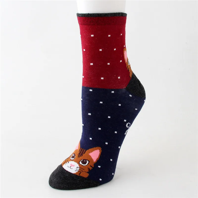 Autumn Winter Women's Cotton Cartoon Socks 5Pairs/Set Colorful Cute Cat Striped Female Ladies Kawaii Animal Tube Socks