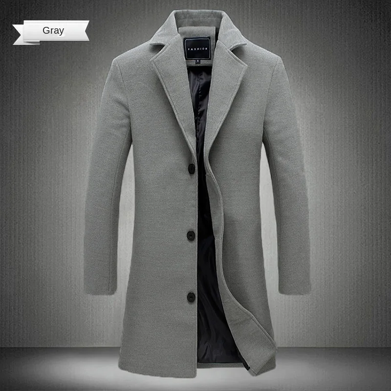 

Autumn and Winter Long Cotton Coat New Wool Blend Pure Color Casual Business Fashion Men's Clothing Slim Windbreaker Jacket