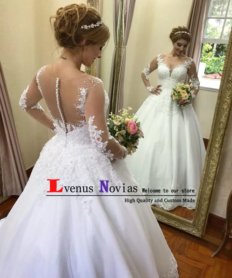 White Color Skin Net Vestidos de noiva белые кружевные свадебные платья boda сексуальный богемный с длинными рукавами свадебное платье бальное платье Casamento Robe de Mariage - Цвет: White Color Skin Net
