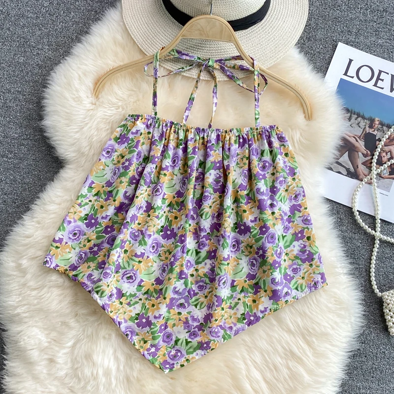 

Print Top Vests For Women Summer Sexy Off Shoulder Spaghetti Strap Sweet Vest Bandage Boho Tops Basic Halter Tank Female