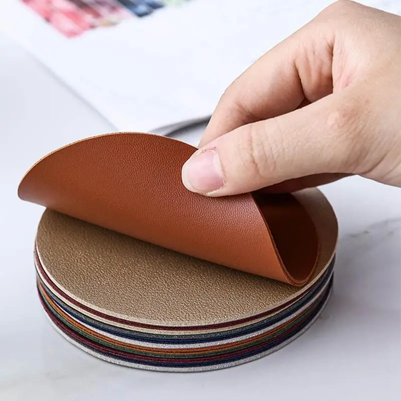 

6PCS Faux Leather Coaster Waterproof Heat Resistant Round Cup Coaster Cup Mat Household Home Decor Desktop