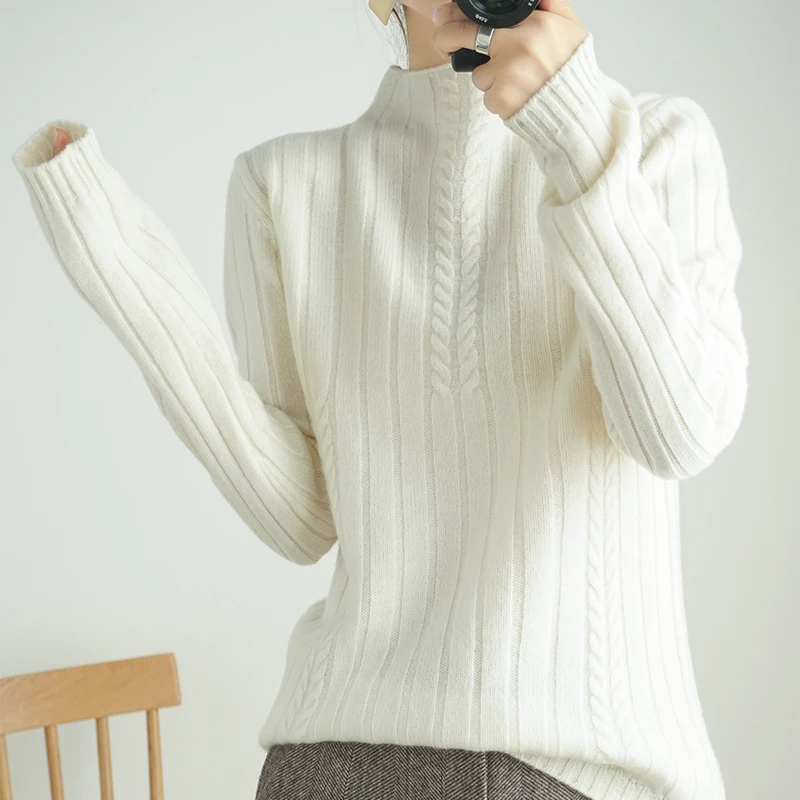 100% Wool New Autumn winter Women Knitted Sweater Pullovers Half collar sweater Solid Color Elastic Twist Lady Tops | Женская одежда