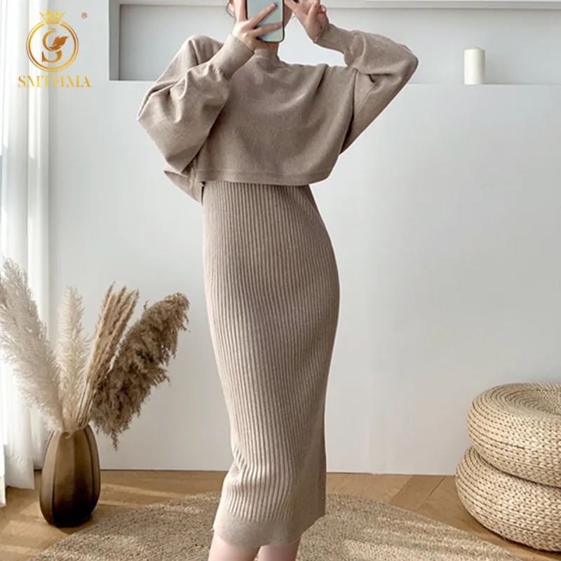 SMTHMA 2022 New Fall/Winter Bat Sleeve O-Neck Soft Sweater  + Women's Knitted Vest Long Dress Two-Piece Dress Sets