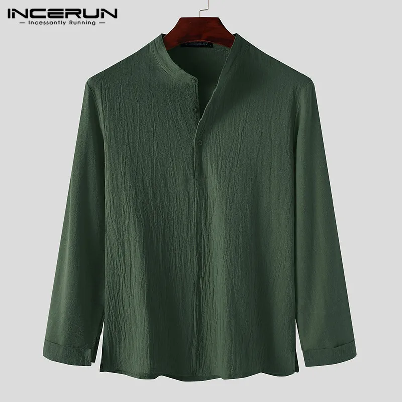 

INCERUN однотонные Цвет Мужская рубашка уличная 2021 со стоячим воротником хлопковое нательное белье, Базовая рубашка, рубашка, топы с длинными р...